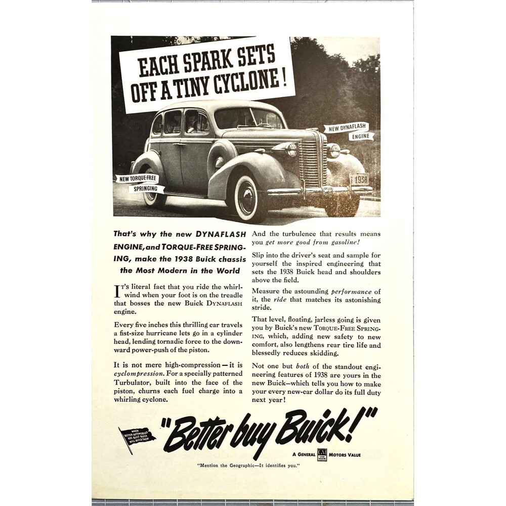 Buick "New 1938 Dynaflash Engine & Torque-Free Springing" Vintage Print Ad 1938